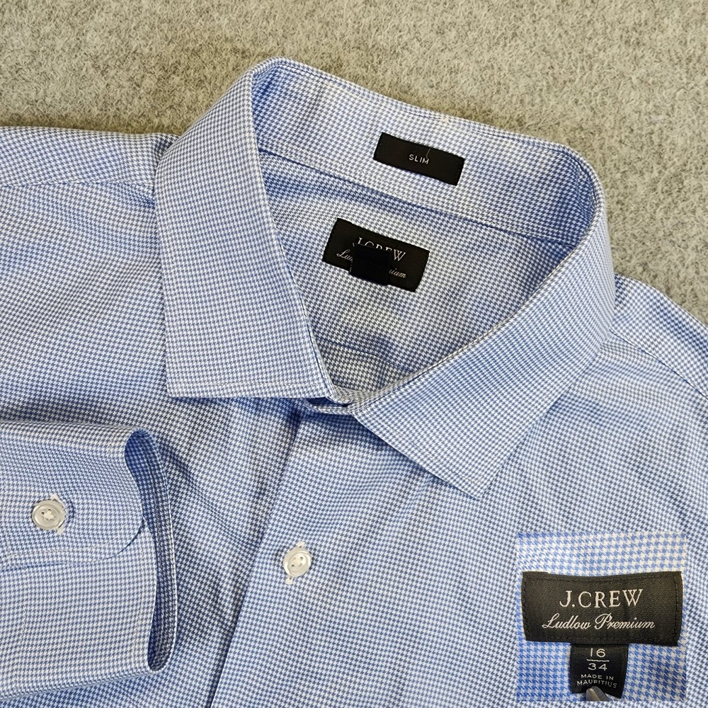 J CREW Ludlow Premium Mens 16/34 Slim Fit Dress Shirt Blue Houndstooth